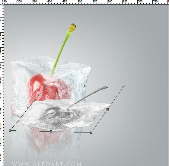 Ice cube 3D photoshop tools tutorial. 3D scene ice cube and cherry inside, ice txture effect in photoshop, ice reflection, 3D rendering, 3D light effects, realistic ice effectt, winterphotoshop  ideas